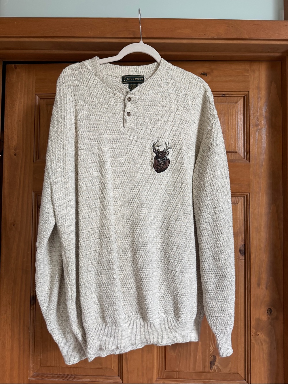 croft & barrow Cream Knit Henley Sweater with Deer Patch